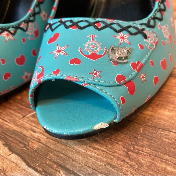 Tuk Rockabilly Heart Anchor Star Mary Jane Heels Blue Nautical Pin Up Pumps Red - Picture 3 of 10